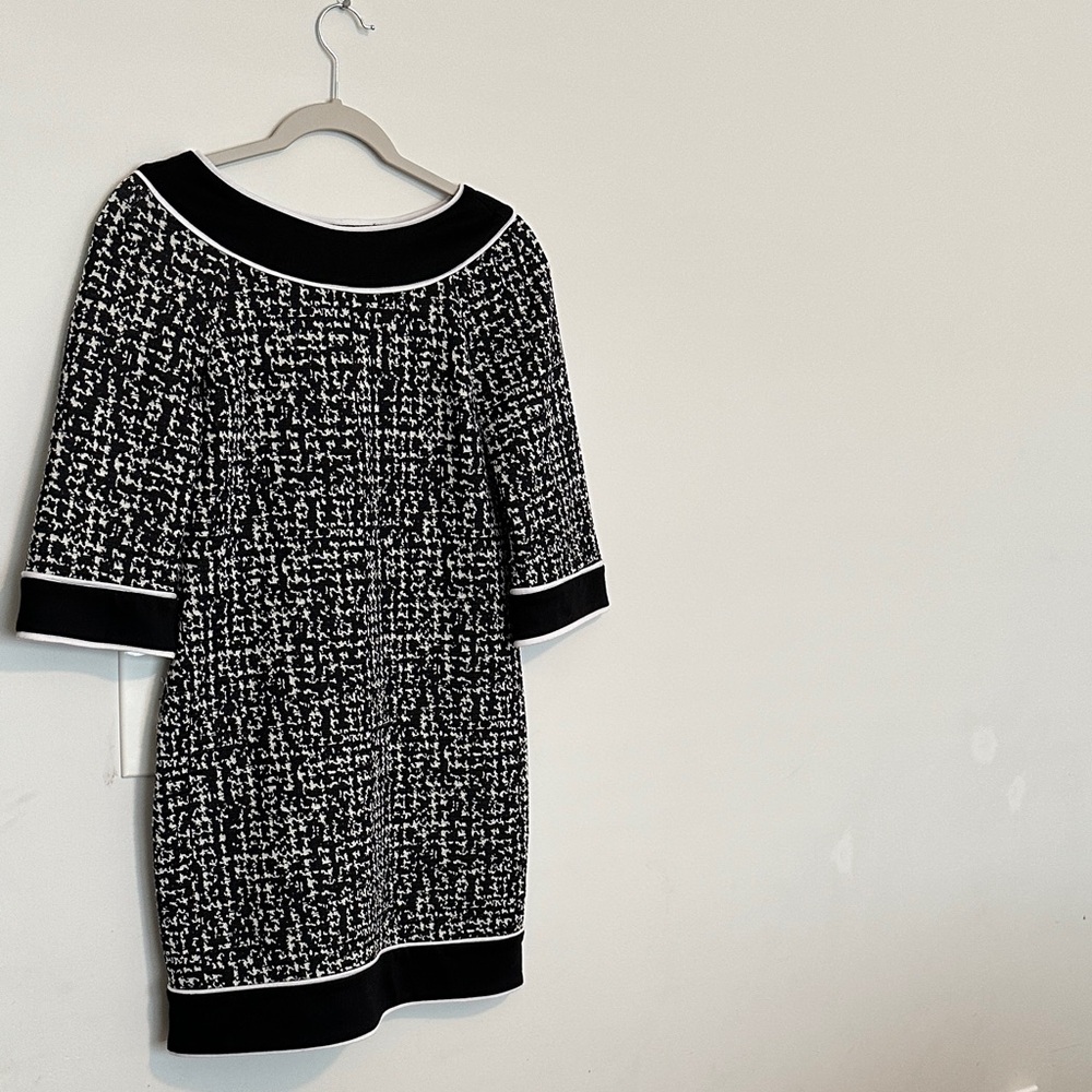 new directions Black and White Tweed-Inspired Midi Dress with Contrast Trim